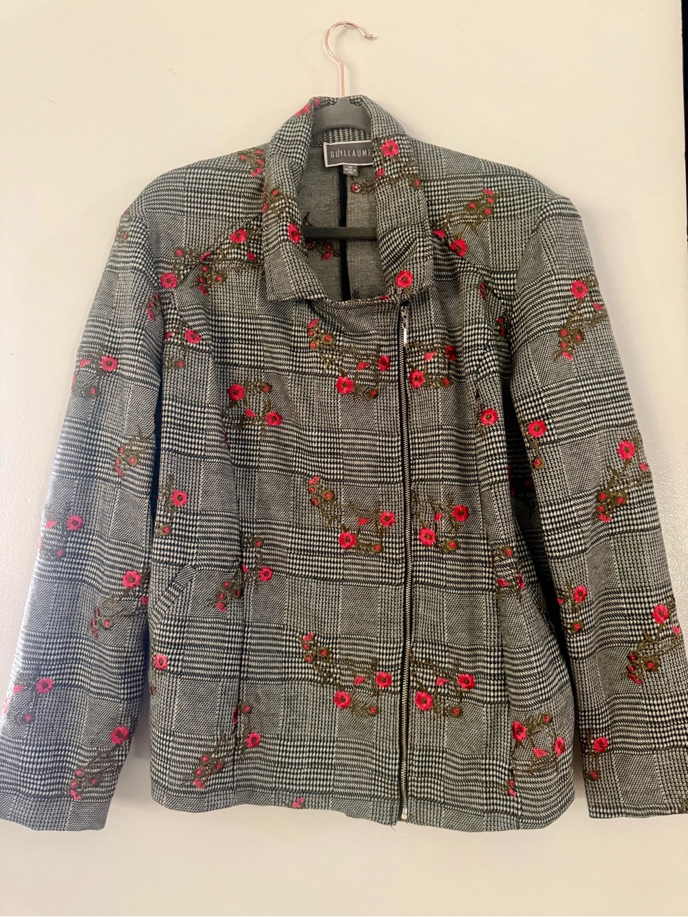 Guillaume Houndstooth Plaid Floral Embroidered Zip Jacket Plus Sz 2X